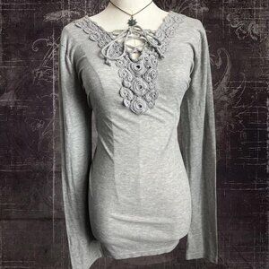 Y2K Gray Boho Lace Embroidered Long Sleeve Tie Sweater Blouse (Size Large)